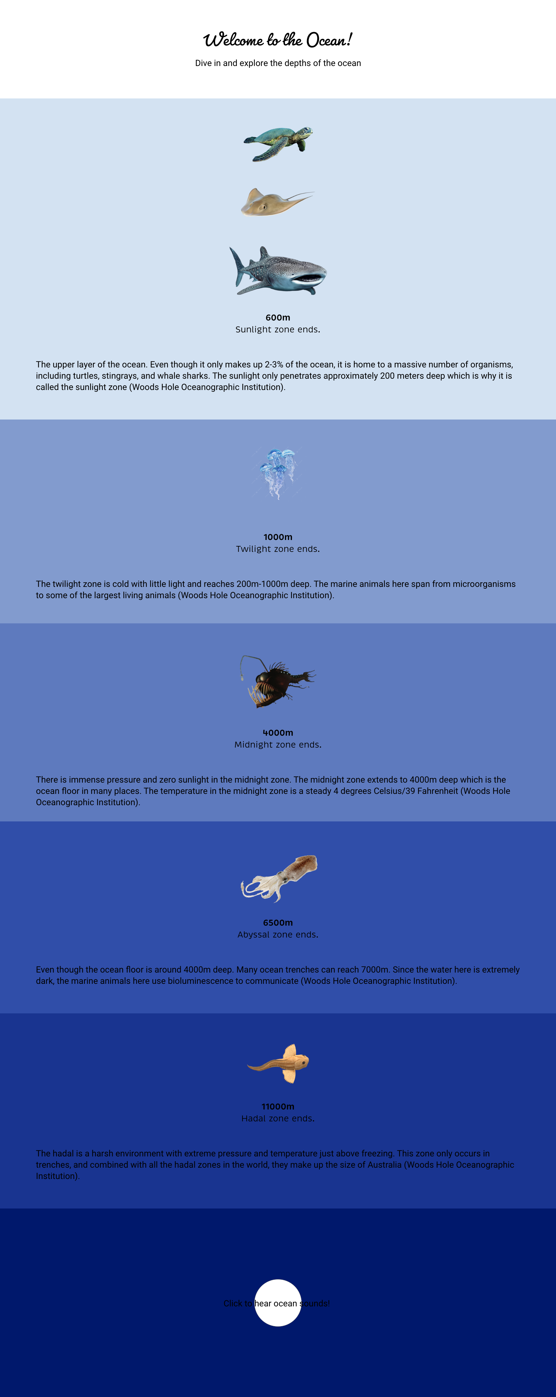 An interactive webpage to educate the user of the different ocean levels. It features P5 to visualize the sound of the ocean.